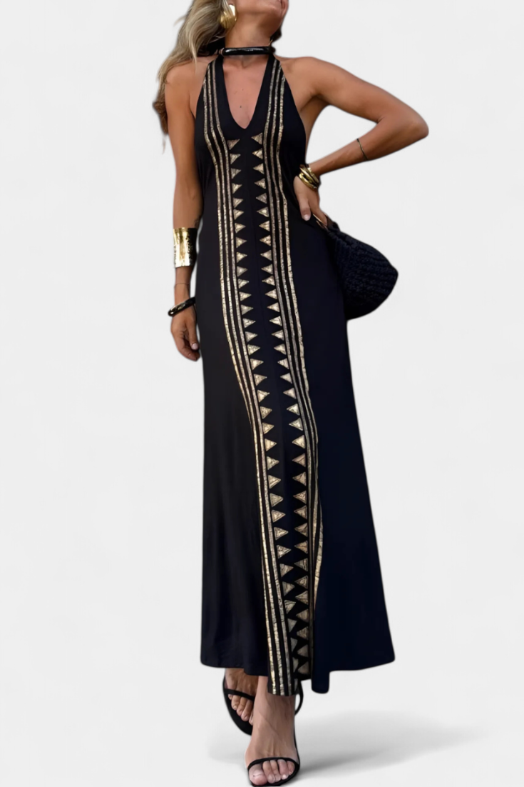 Dulce Vestido Largo Halter con Espalda Descubierta y Estampado Dorado