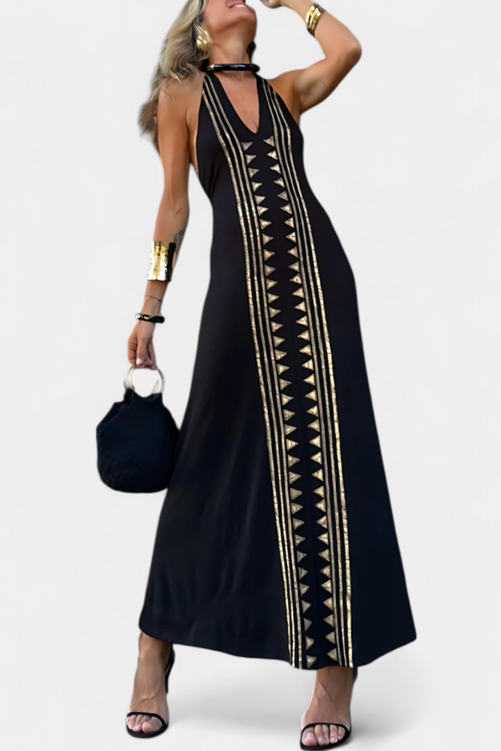 Dulce Vestido Largo Halter con Espalda Descubierta y Estampado Dorado