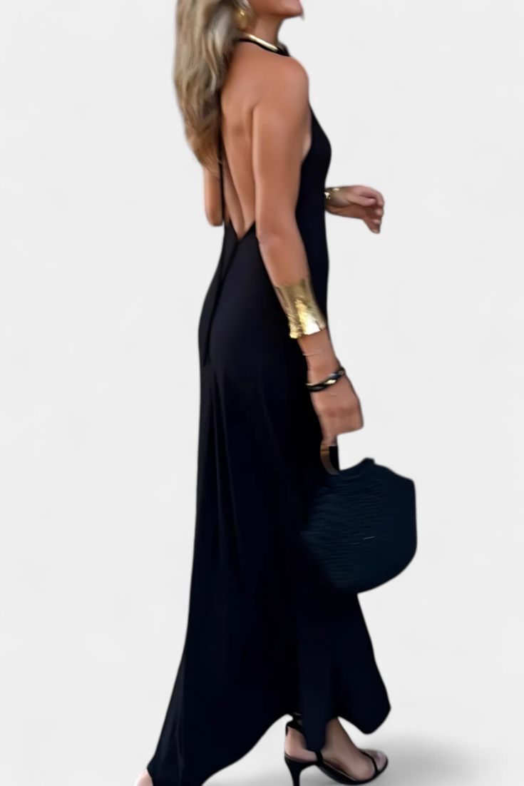 Dulce Vestido Largo Halter con Espalda Descubierta y Estampado Dorado