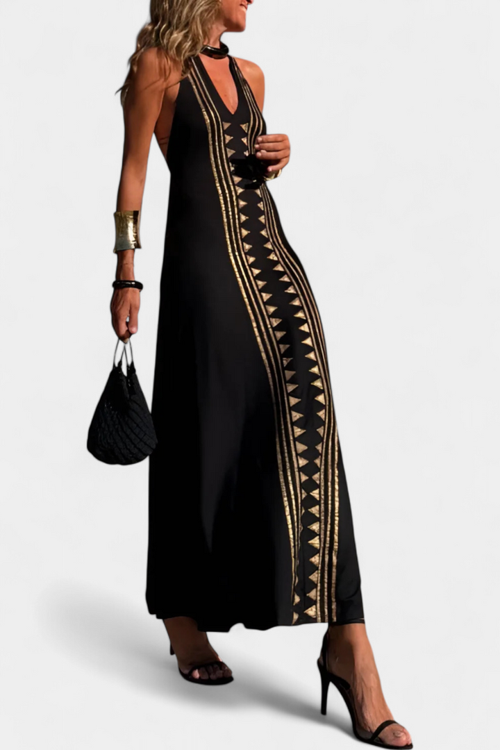 Dulce Vestido Largo Halter con Espalda Descubierta y Estampado Dorado