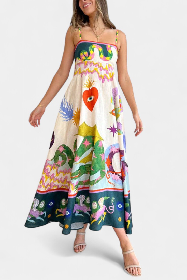 Arlene Vestido Midi de Mezcla de Lino Impreso