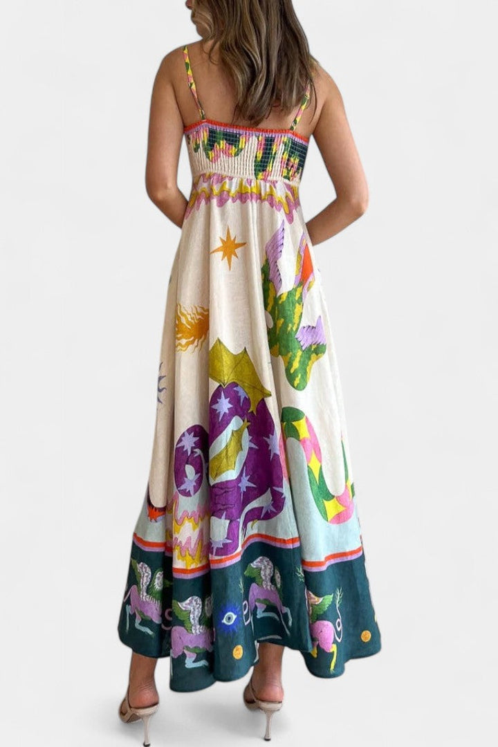 Arlene Vestido Midi de Mezcla de Lino Impreso