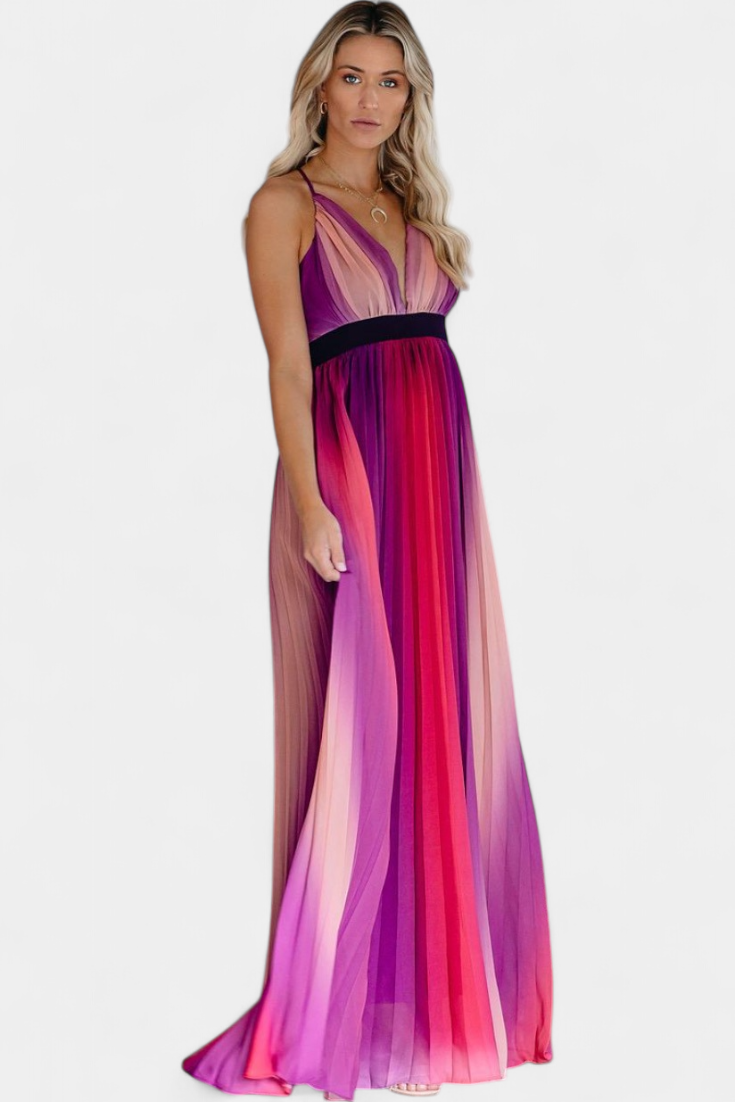 Cecilia Vestido Plisado con Espalda Abierta y Estampado Degradado