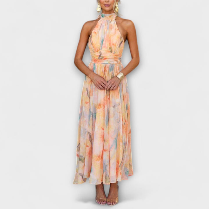 Adora | Vestido Cuello Halter Estampado Acuarela
