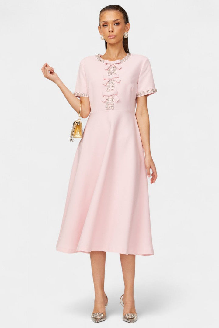 Linda Vestido Midi Acampanado con Lazo de Cristal