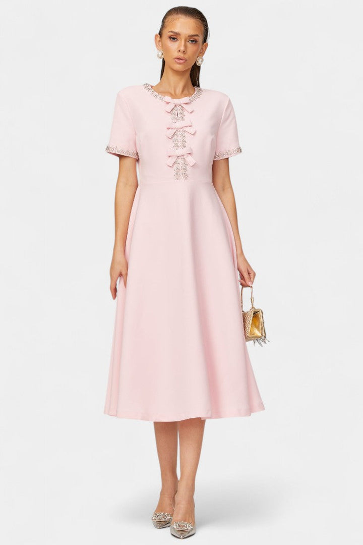 Linda Vestido Midi Acampanado con Lazo de Cristal