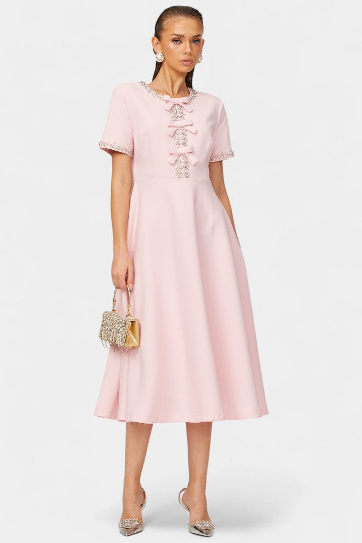 Linda Vestido Midi Acampanado con Lazo de Cristal