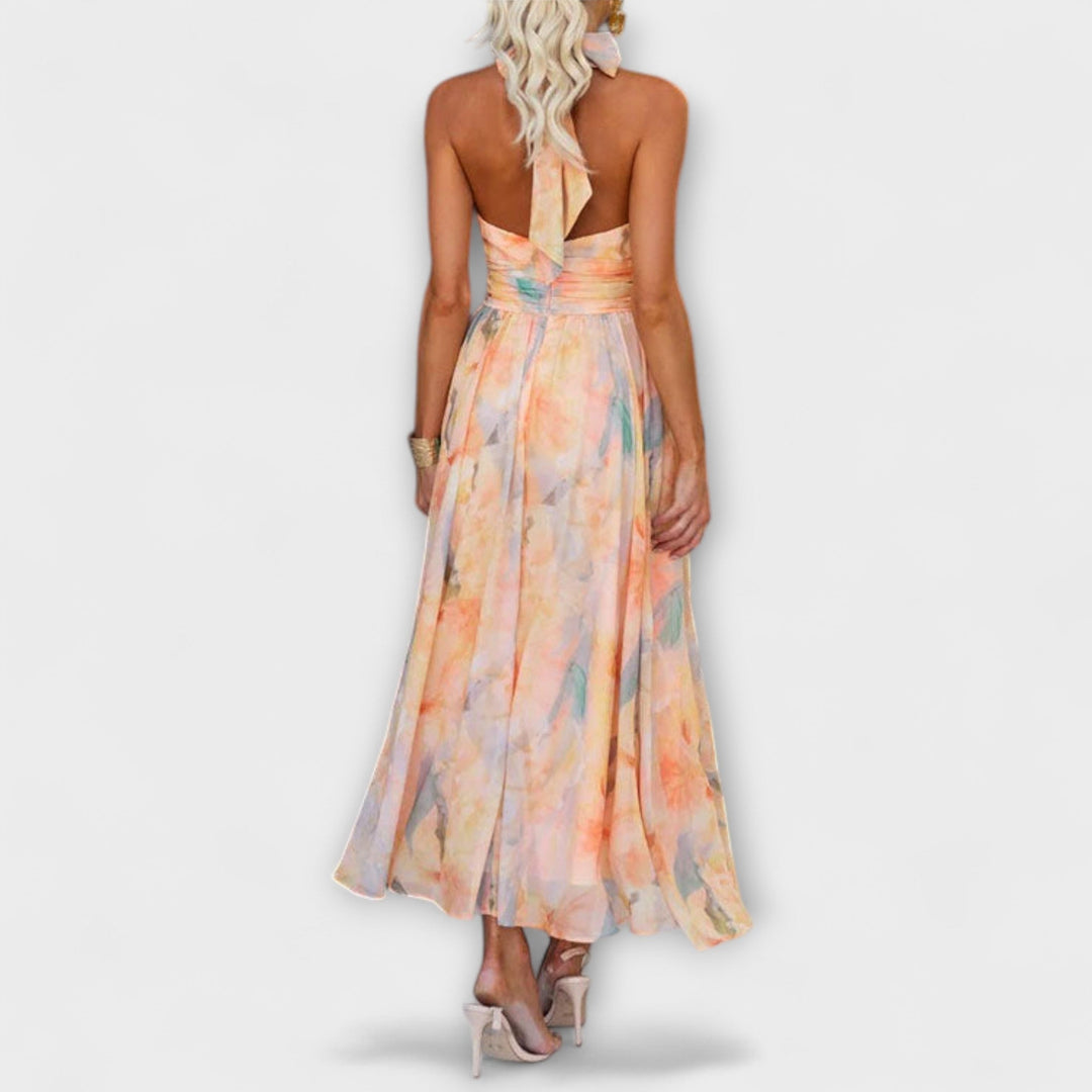 Adora | Vestido Cuello Halter Estampado Acuarela
