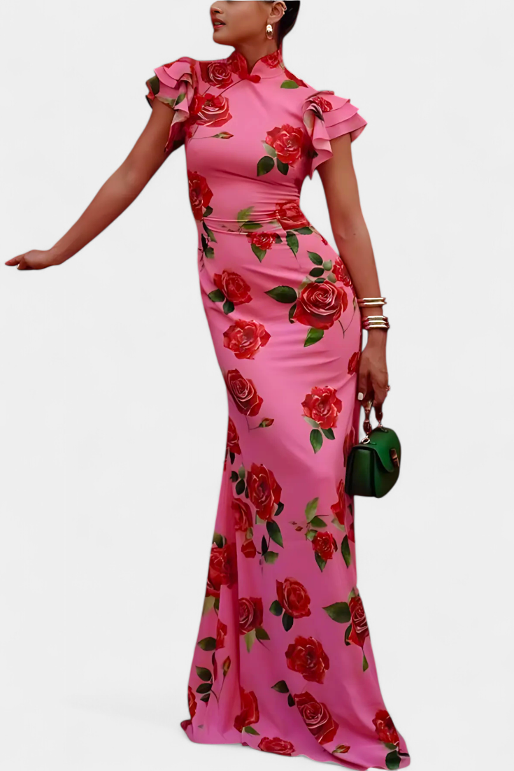 Mayra Vestido Qipao con Estampado de Rosas Elegante