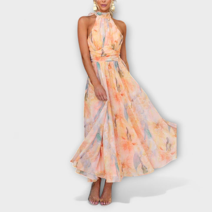 Adora | Vestido Cuello Halter Estampado Acuarela