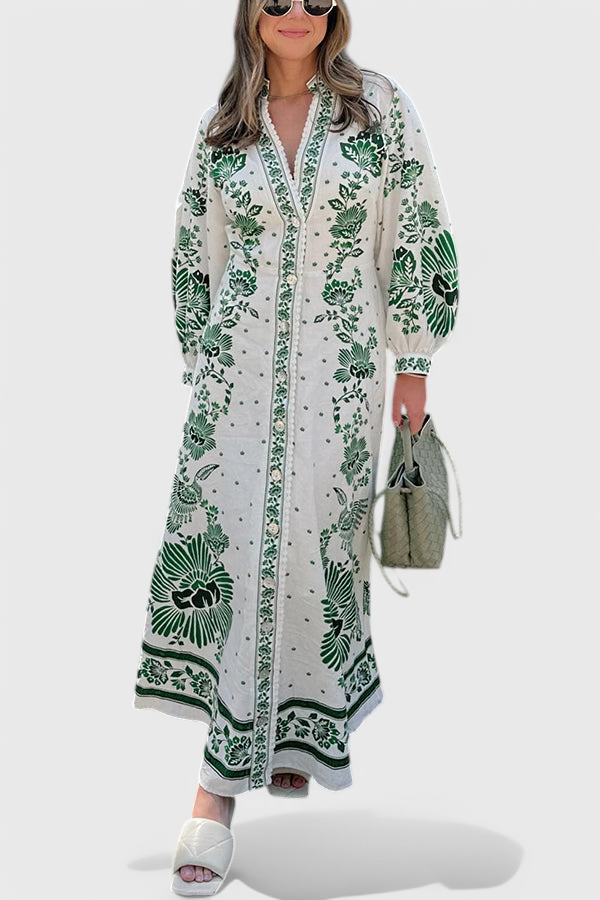 Camisa Maxi de Manga Larga con Botones y Estampado Único