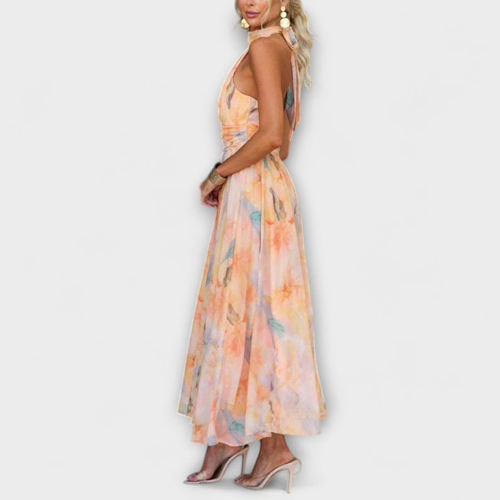 Adora | Vestido Cuello Halter Estampado Acuarela