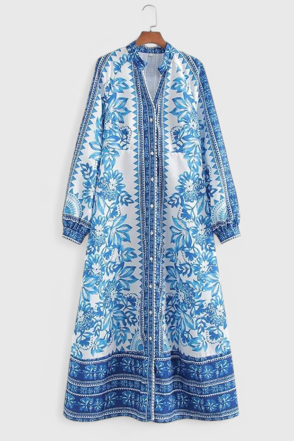 Camisa Maxi de Manga Larga con Botones y Estampado Único