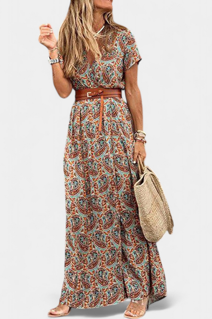 Anfisa Vestido Boho de Verano con Cinturón y Escote en V