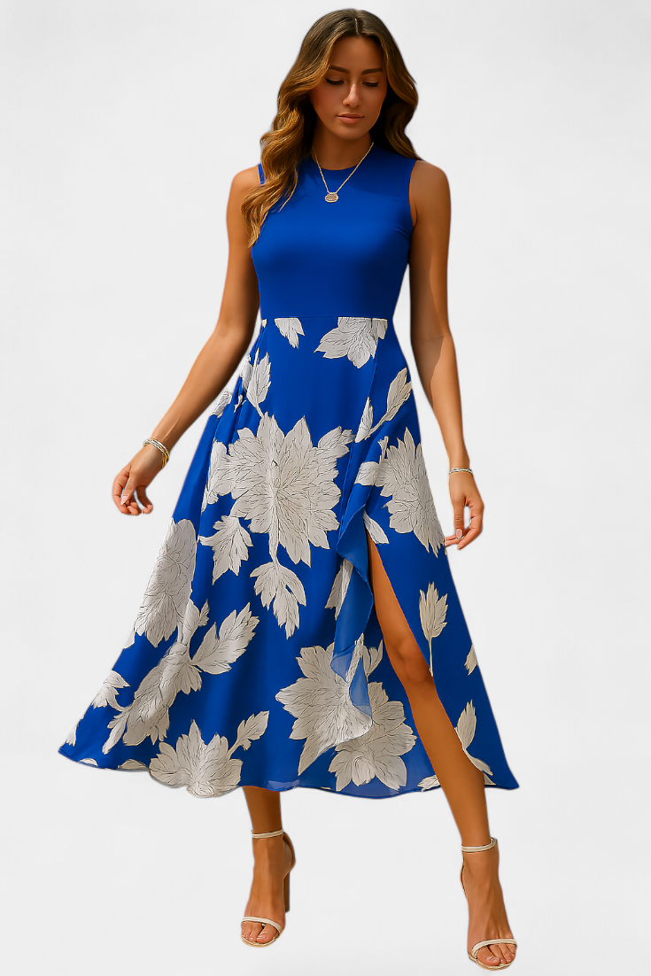 Raquel Vestido con Top de Punto y Falda Floral con Abertura