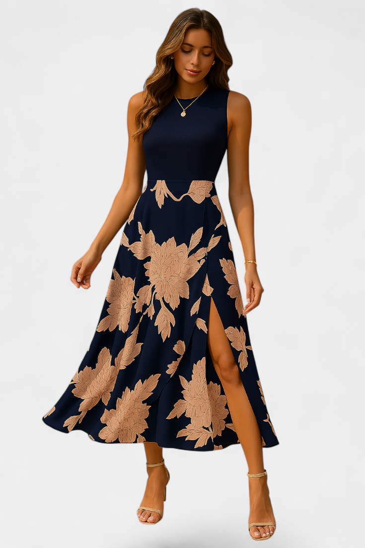Raquel Vestido con Top de Punto y Falda Floral con Abertura