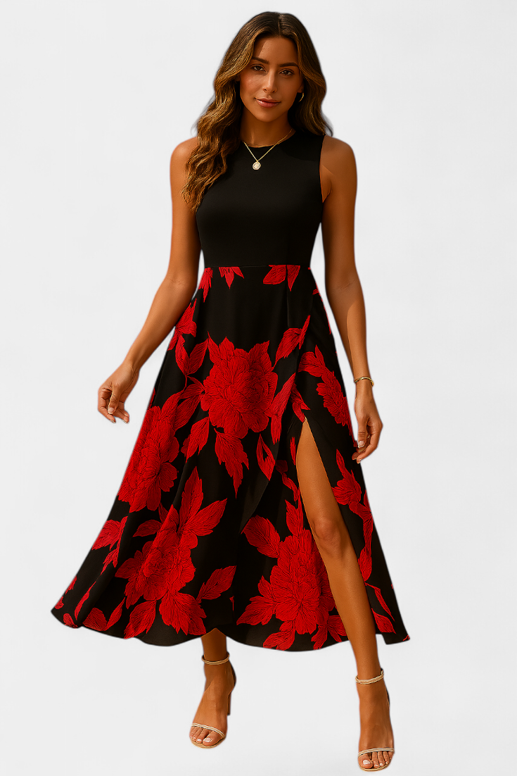 Raquel Vestido con Top de Punto y Falda Floral con Abertura