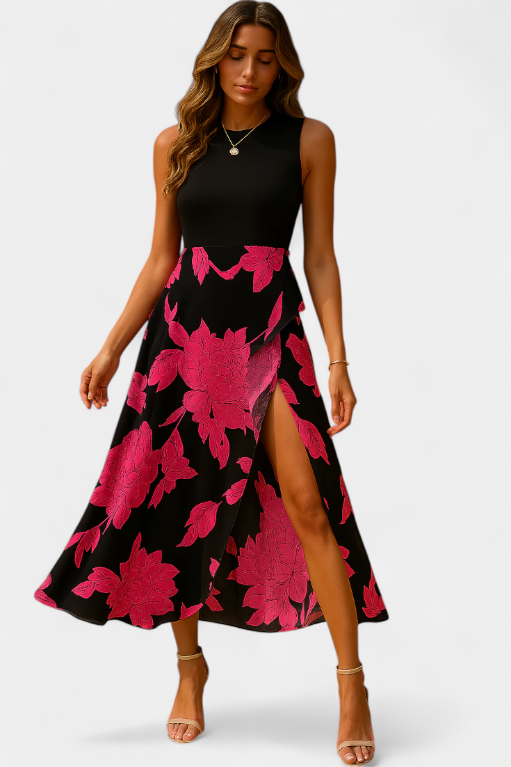 Raquel Vestido con Top de Punto y Falda Floral con Abertura