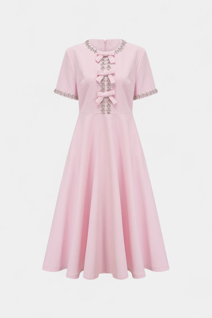 Linda Vestido Midi Acampanado con Lazo de Cristal