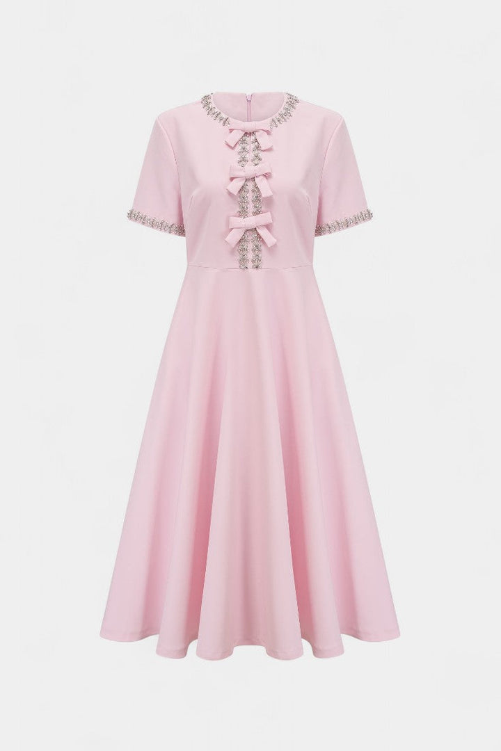 Linda Vestido Midi Acampanado con Lazo de Cristal