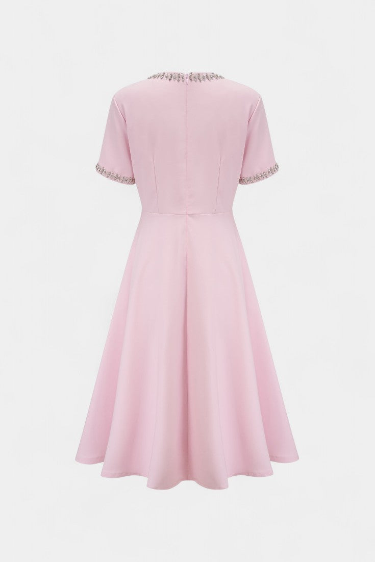 Linda Vestido Midi Acampanado con Lazo de Cristal