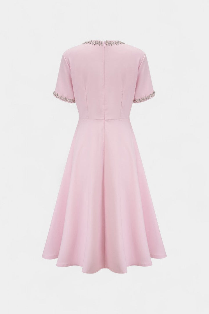 Linda Vestido Midi Acampanado con Lazo de Cristal