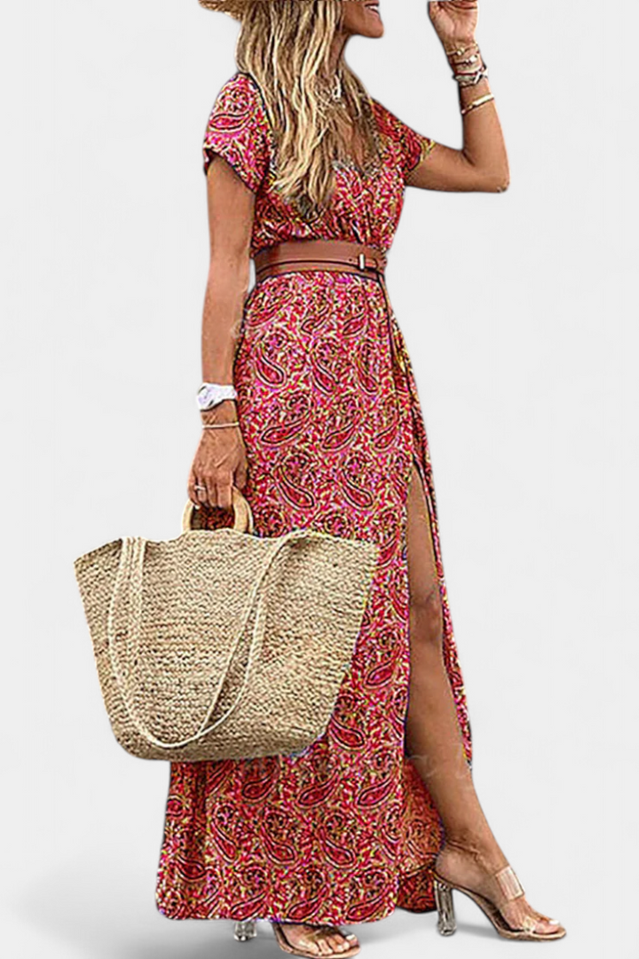 Anfisa Vestido Boho de Verano con Cinturón y Escote en V