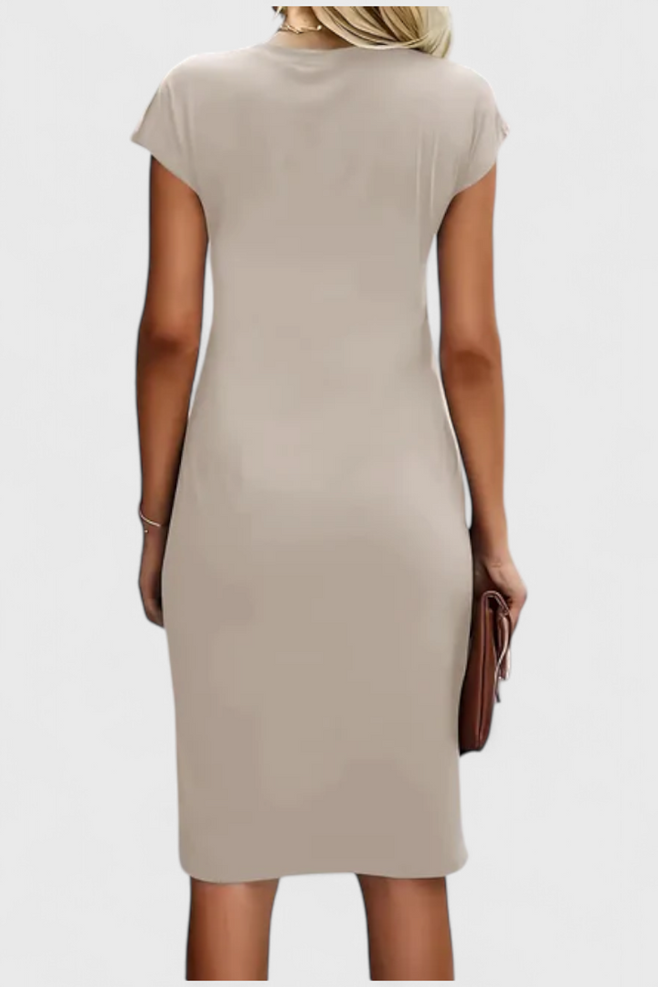 Katrina Vestido Midi Atemporal con Cuello Redondo y Detalle Drapeado