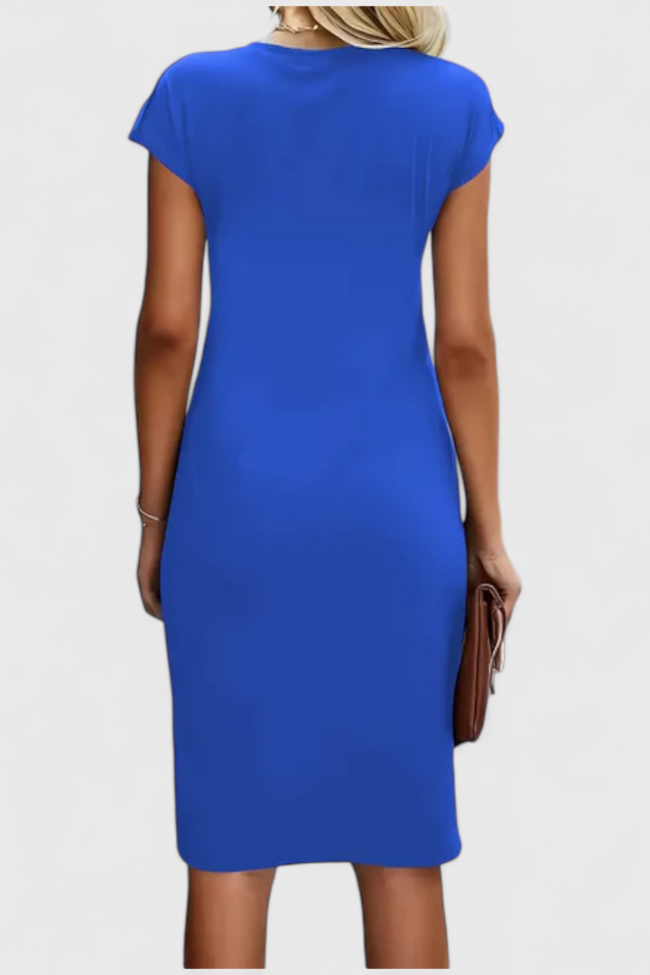 Katrina Vestido Midi Atemporal con Cuello Redondo y Detalle Drapeado