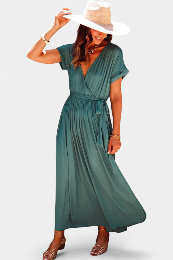 Sandra Vestido Verde Negruzco con Pliegues y Cinta en la Cintura