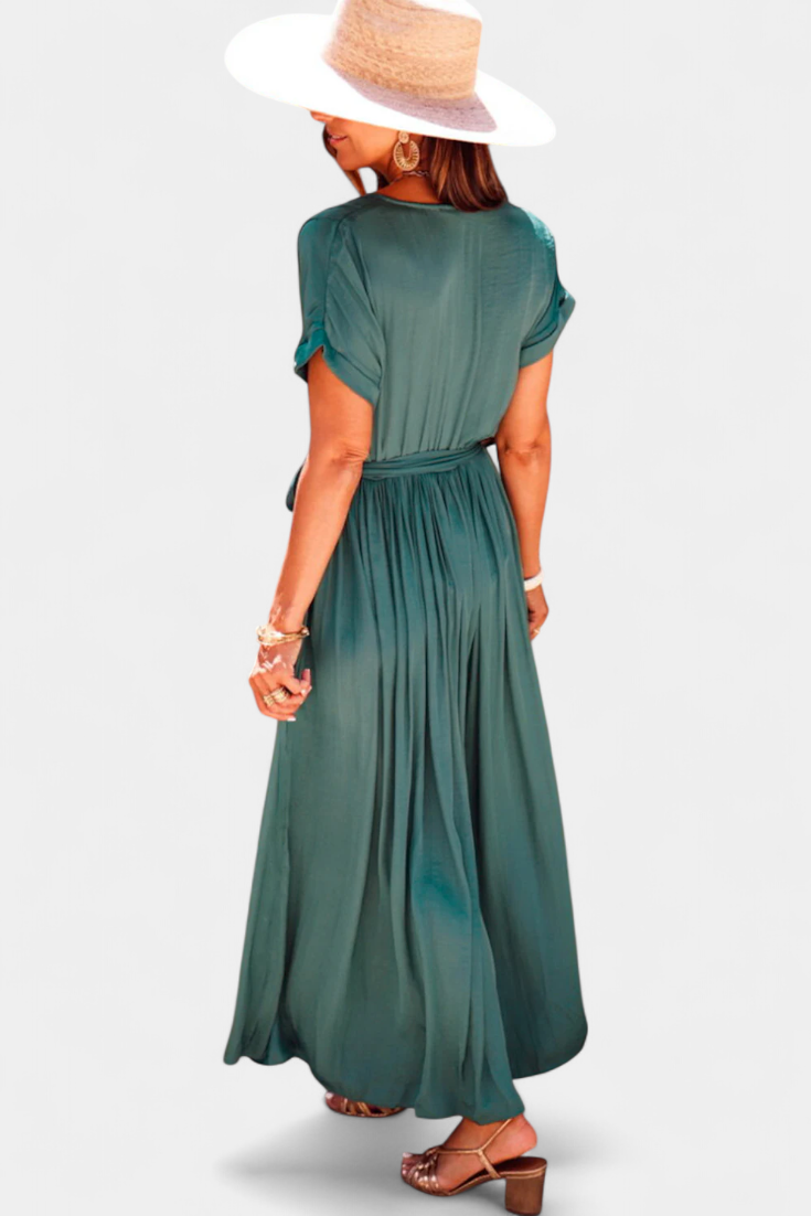 Sandra Vestido Verde Negruzco con Pliegues y Cinta en la Cintura