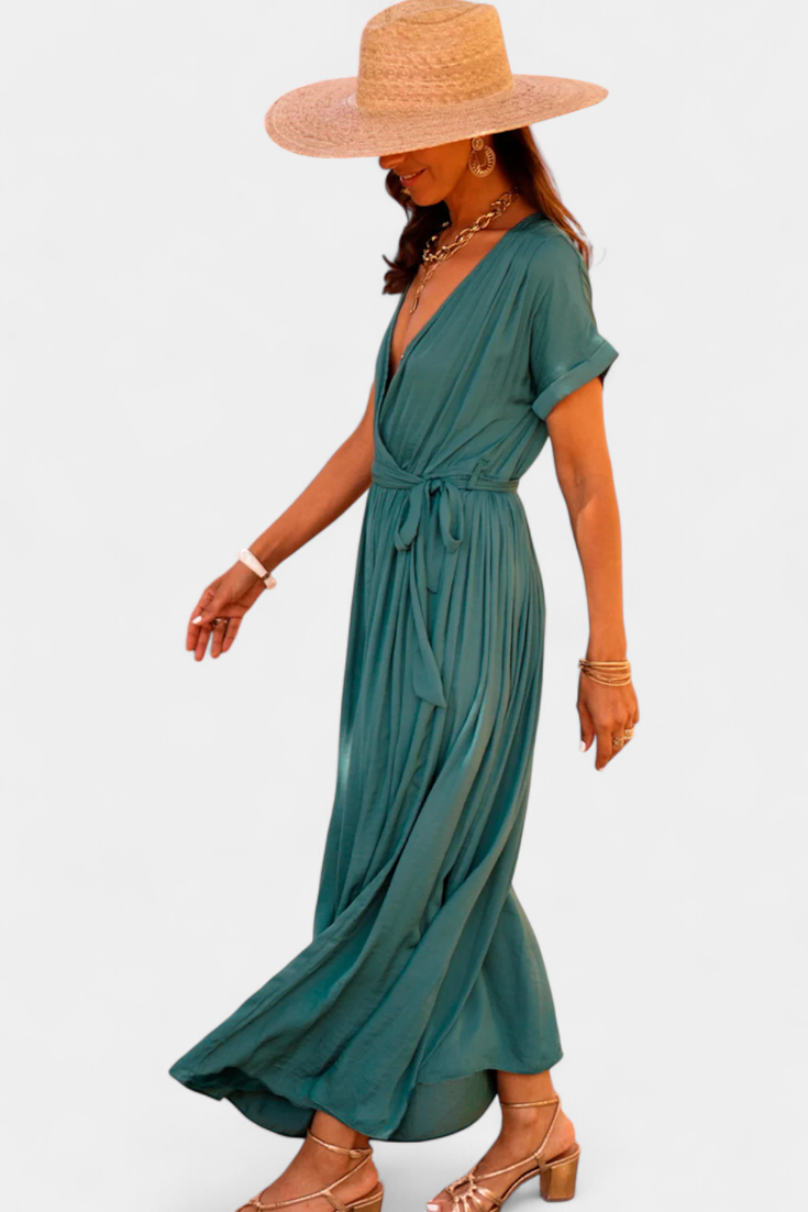 Sandra Vestido Verde Negruzco con Pliegues y Cinta en la Cintura