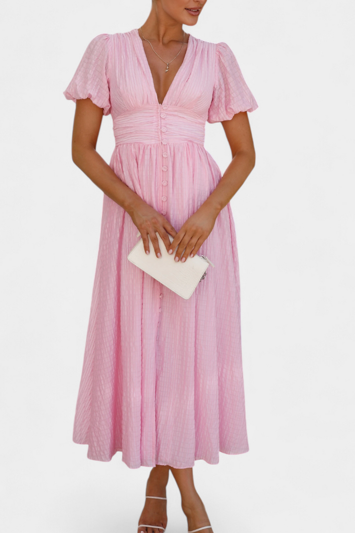 Mélia Vestido Maxi con Escote en V y Mangas Abullonadas