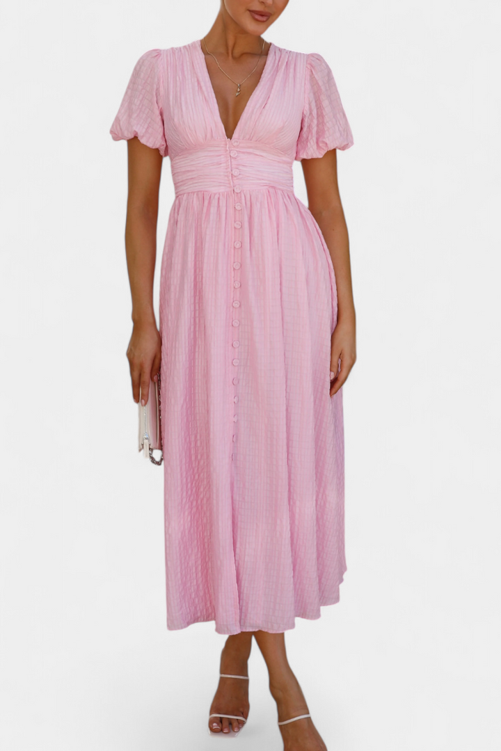 Mélia Vestido Maxi con Escote en V y Mangas Abullonadas