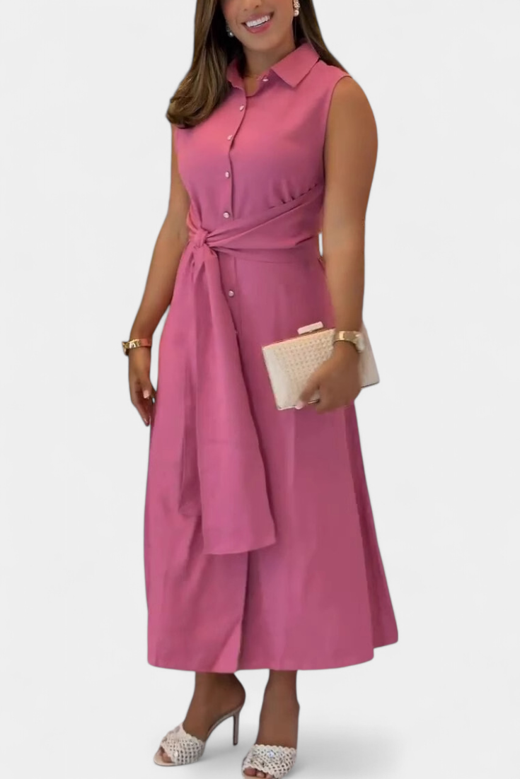 Behnaz Vestido Elegante sin Mangas con Cinturón y Cuello Camisero