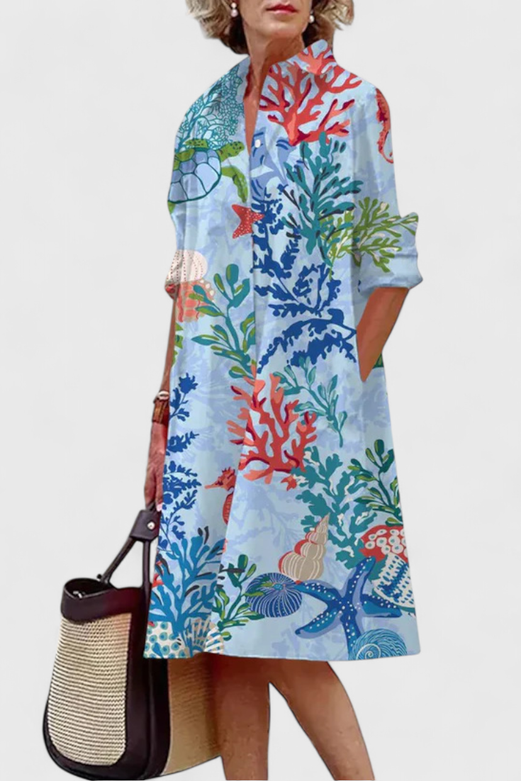 Larissa Vestido Azul con Estampado Marino Tropical