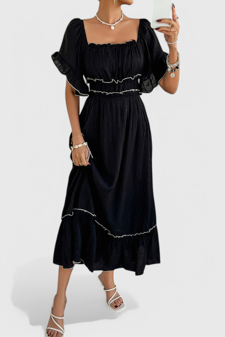 Noémie Vestido Midi Sin Hombros con Volantes en Mezcla de Algodón