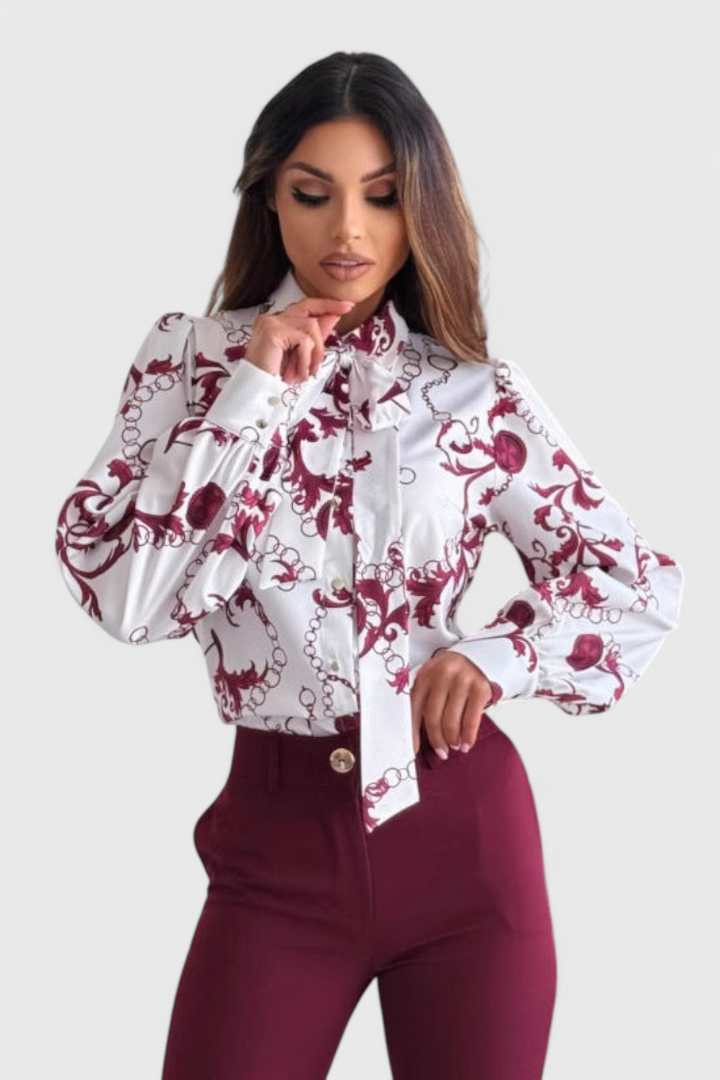 Violette Camisa de Satén Impresa con Cuello de Pajarita