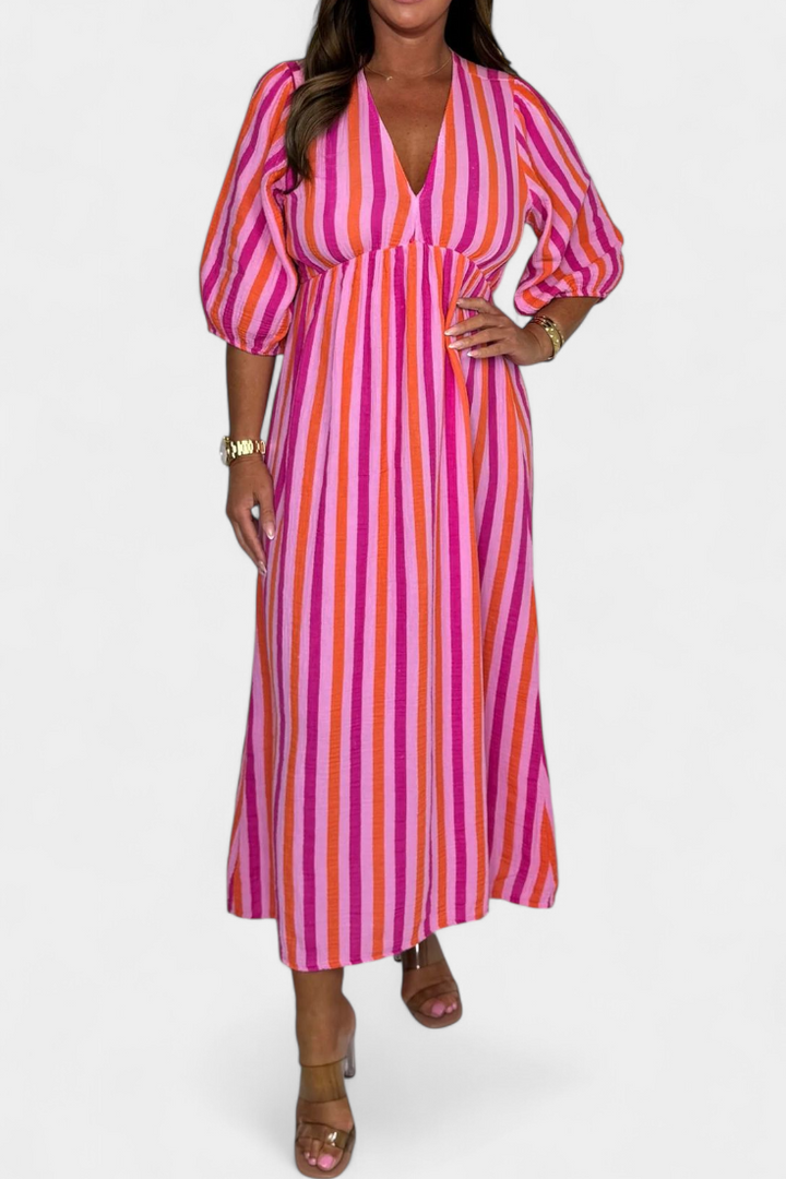 Ercilia Vestido Midi con Estampado Vibrante y Manga Globo