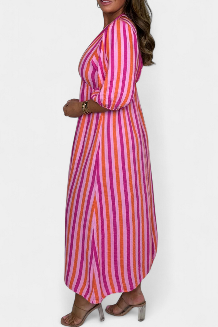 Ercilia Vestido Midi con Estampado Vibrante y Manga Globo