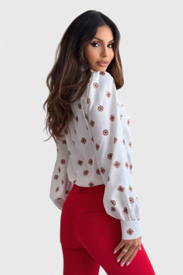 Violette Camisa de Satén Impresa con Cuello de Pajarita
