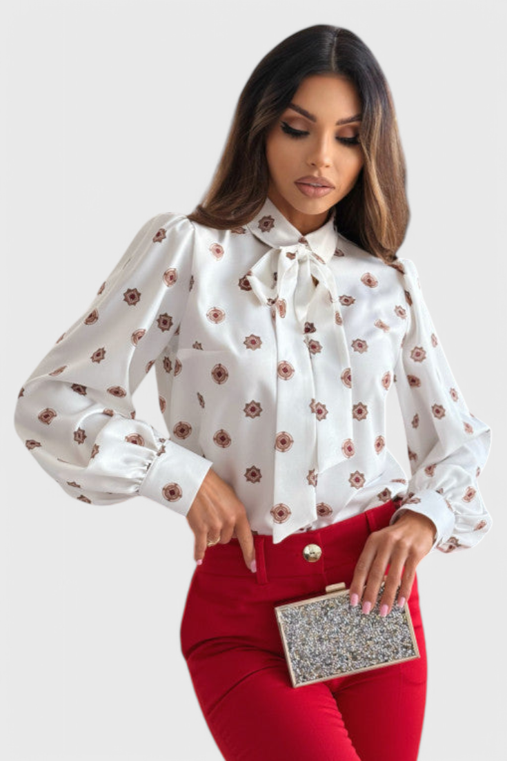 Violette Camisa de Satén Impresa con Cuello de Pajarita