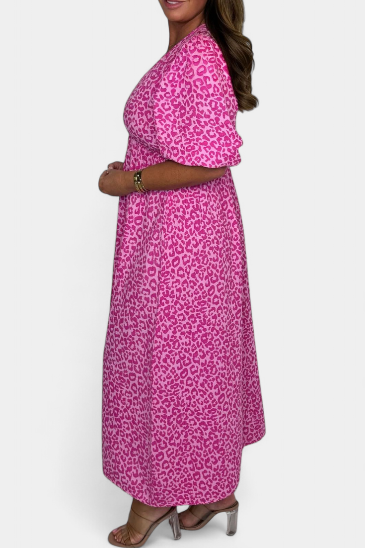 Ercilia Vestido Midi con Estampado Vibrante y Manga Globo