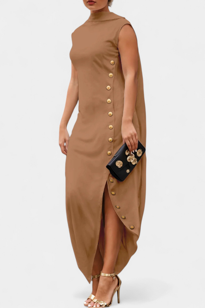 Aphrodite Vestido Asimétrico con Botones Dorados Decorativos
