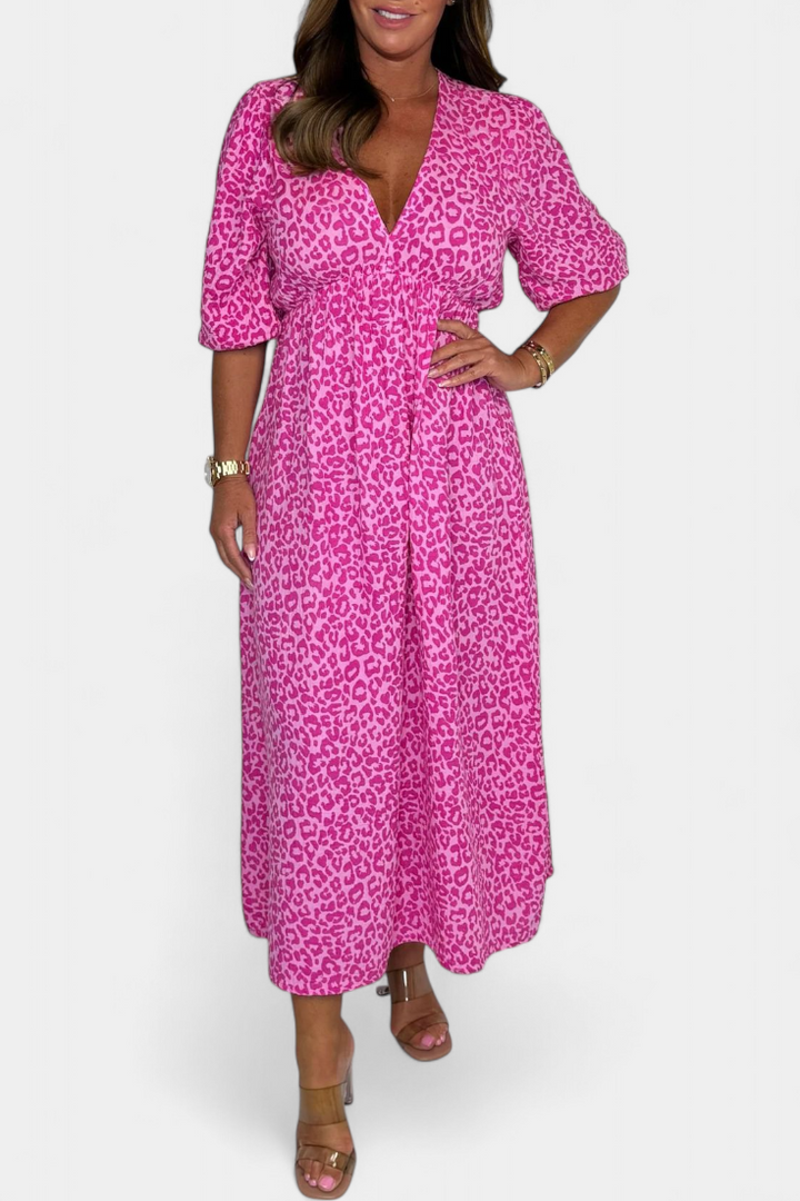 Ercilia Vestido Midi con Estampado Vibrante y Manga Globo