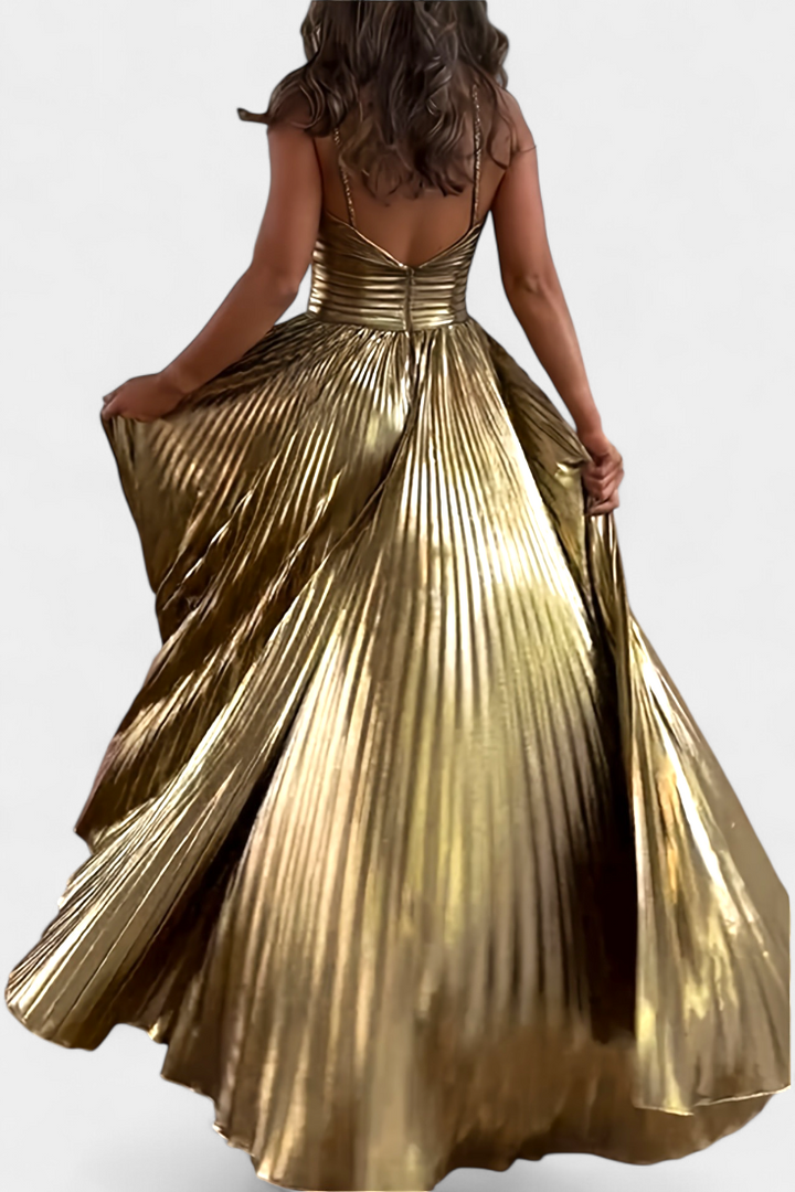 Aikaterini Vestido Maxi Metálico con Cuello Cruzado y Abertura