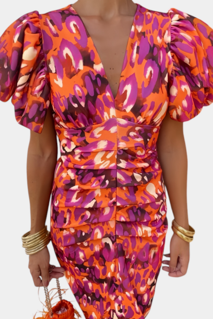Wibia Vestido Estampado con Mangas Volumen y Fruncido