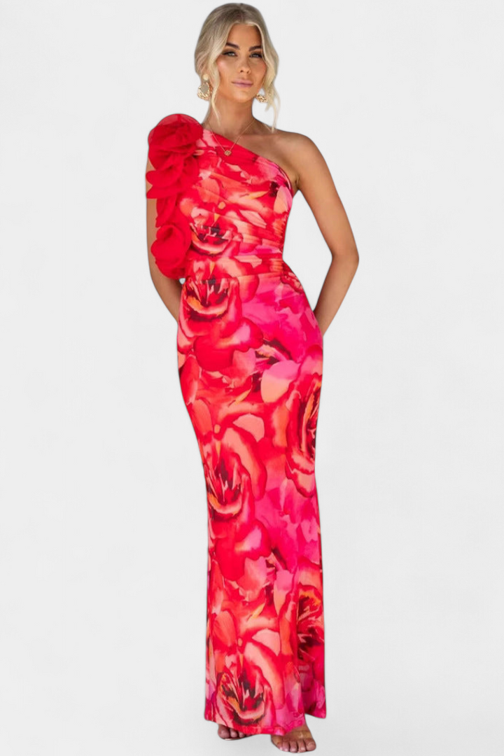 Maëlle Vestido Midi con Detalle Floral de Un Hombro
