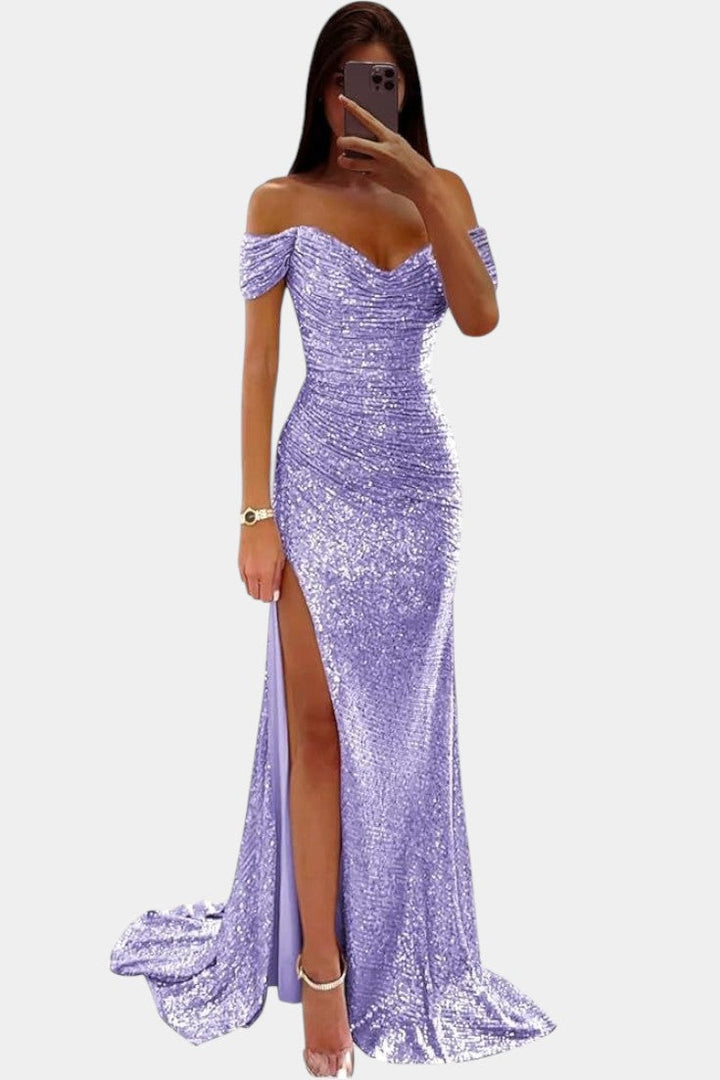 Ariel Vestido de Sirena con Lentejuelas Off-Shoulder