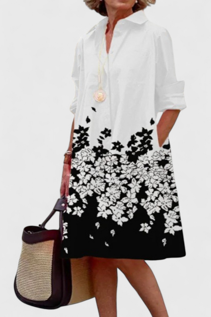 Larissa Vestido Blanco y Negro con Estampado Floral